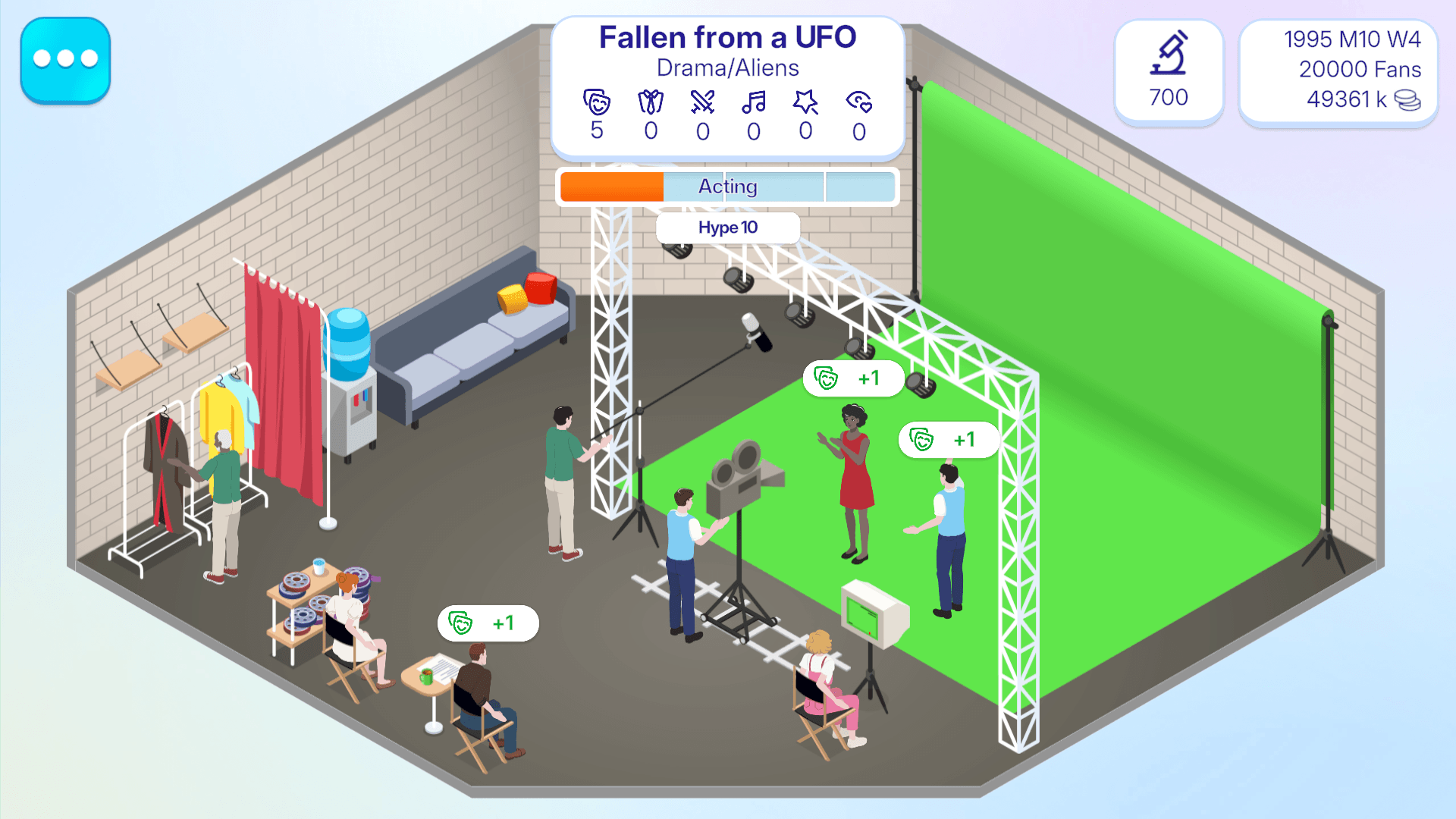 Movie Tycoon screenshot — filming a scene on the green-screen set of your movie studio