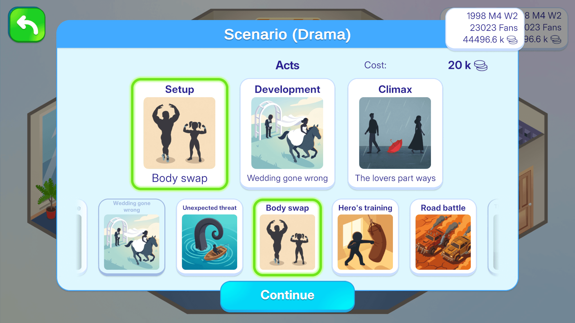 Movie Tycoon screenshot — assembling a drama script act by act in the movie studio sim
