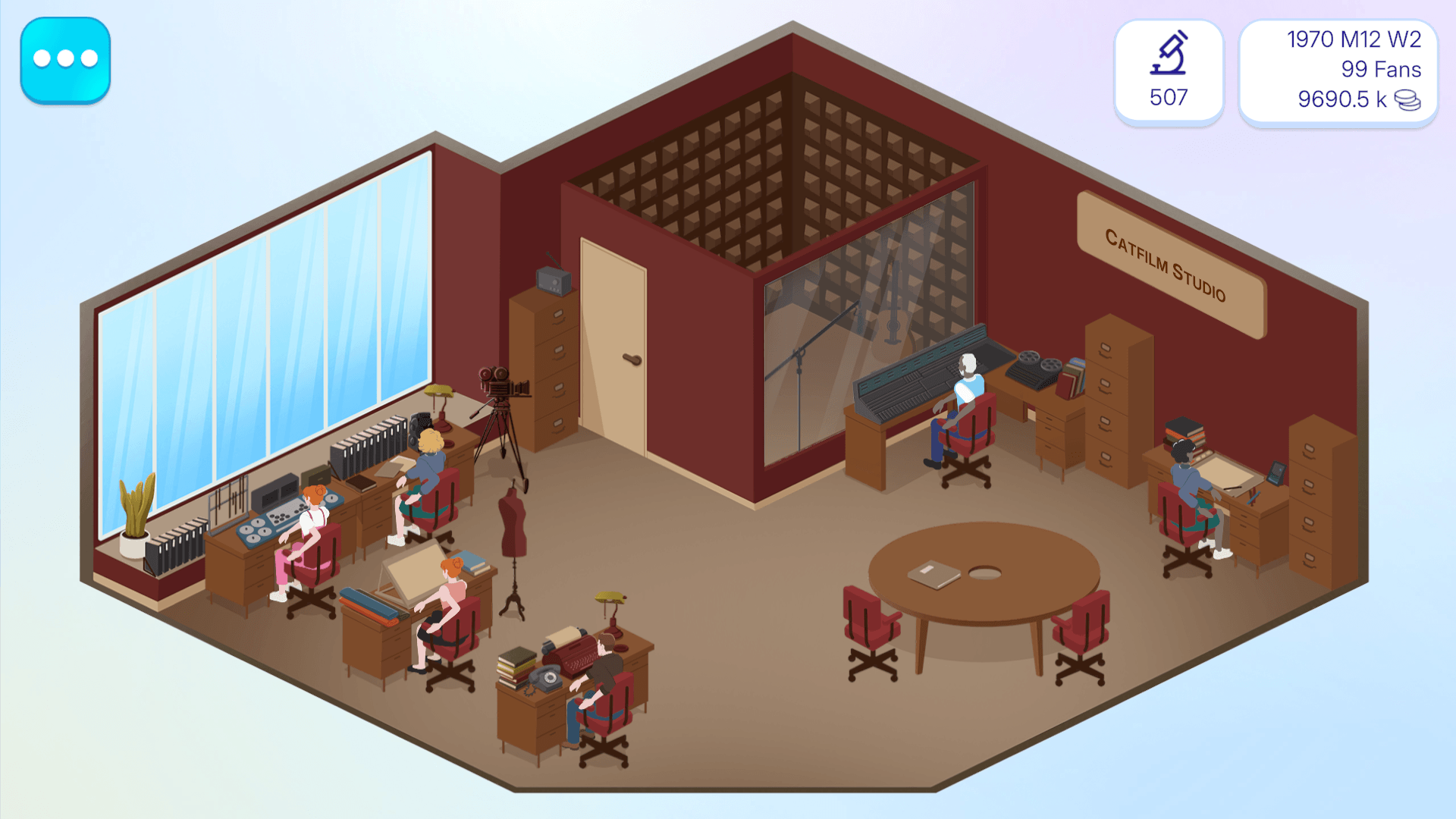 Movie Tycoon screenshot — a 1970s movie studio office with film reels and typewriters