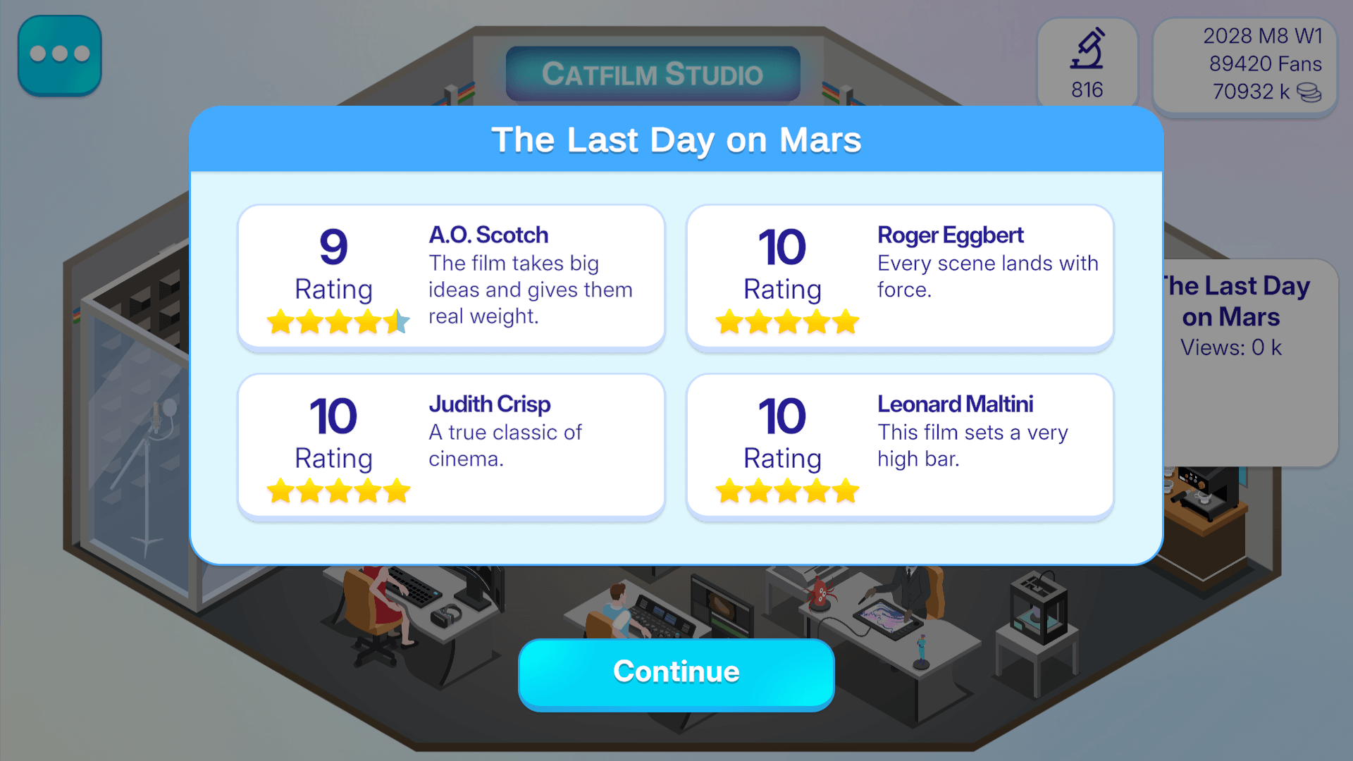 Movie Tycoon screenshot — critics review a premiere in the movie studio management game